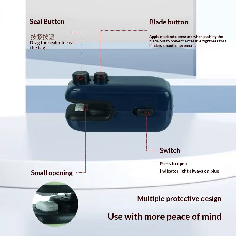 All-In-One USB Bag Sealer with Magnetic Back & Slide-Out Cutter, Press Seal&Cut Buttons Portable Heat Closer for Snack Bags