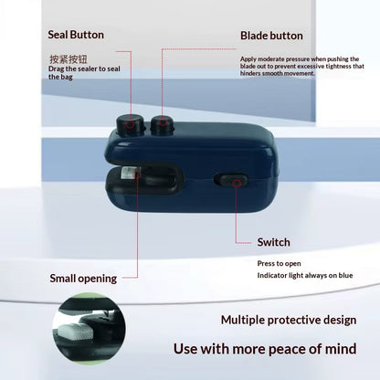 All-In-One USB Bag Sealer with Magnetic Back & Slide-Out Cutter, Press Seal&Cut Buttons Portable Heat Closer for Snack Bags