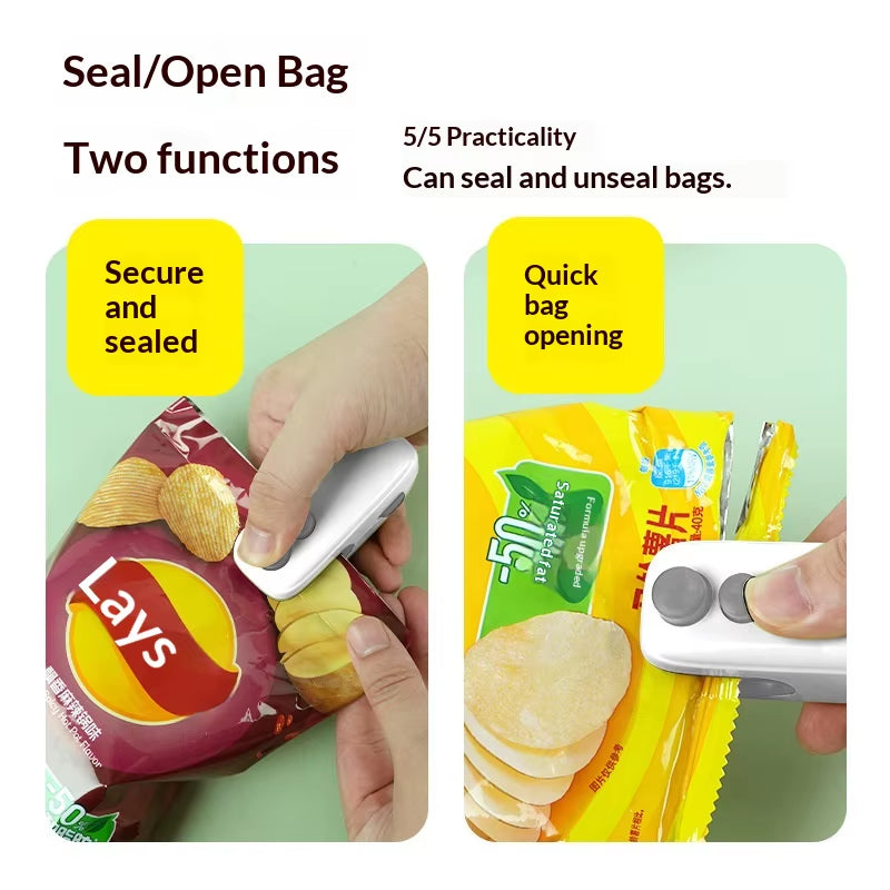 All-In-One USB Bag Sealer with Magnetic Back & Slide-Out Cutter, Press Seal&Cut Buttons Portable Heat Closer for Snack Bags